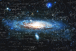 Zu sehen ist das Universum mit vielen mathematischen Formeln drumherum.