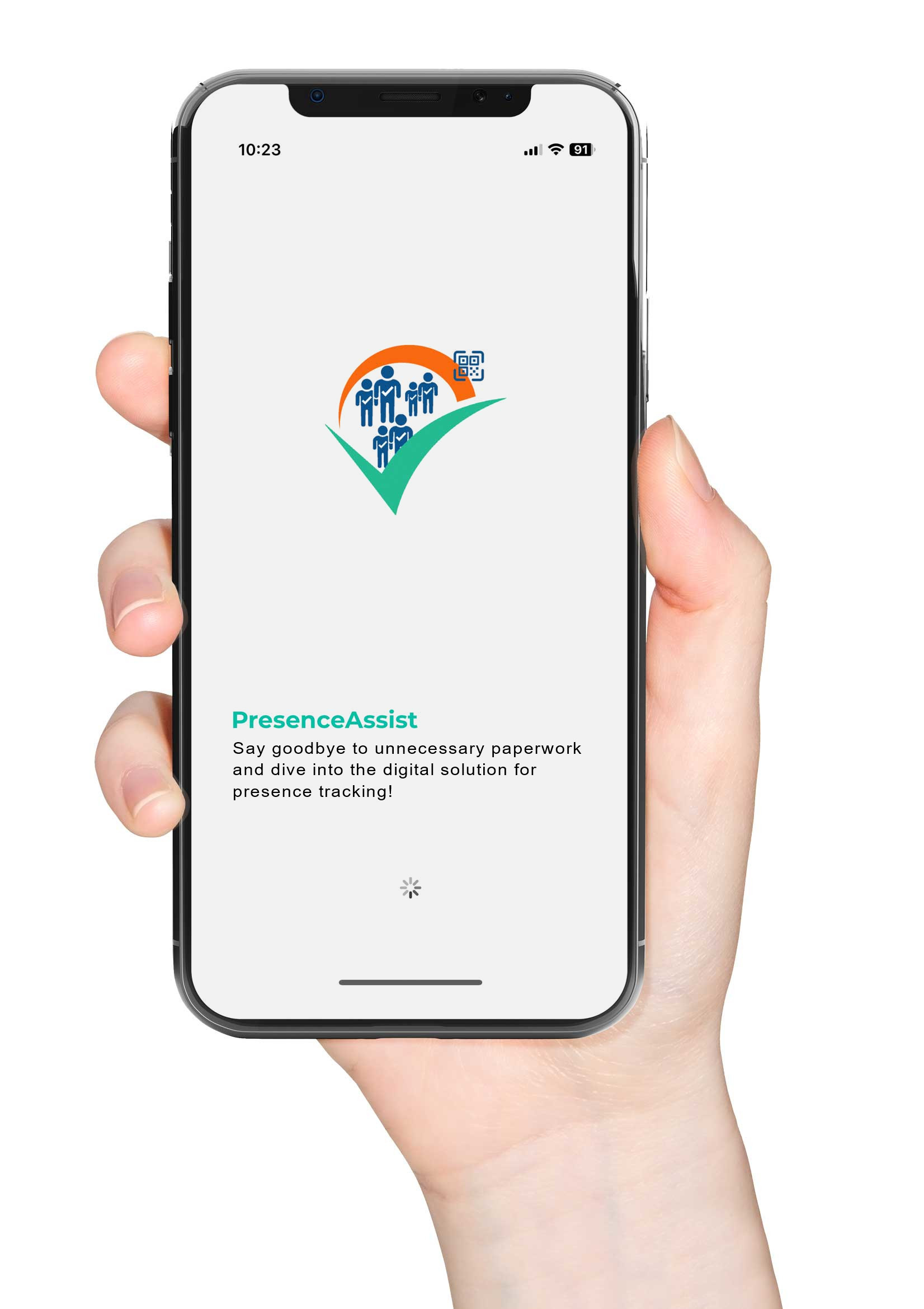 Eine Hand, die ein Handy hält, auf dem die App PresenceAssist läuft